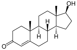 Representação da molécula de testosterona, esteroide com a fórmula química C19H28O2